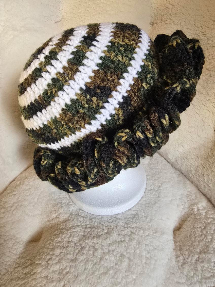 Camo & Soft White Ruffle Hat